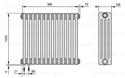 Схема (чертеж) Радиатор Zehnder Charleston 4100/13 №3370 Белый глянцевый RAL 9016
